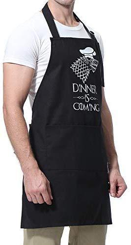Dinner is Coming - Funny GoT House Stark Inspired Birthday Merchandise Gifts for Men, Women, Dad, Mom - Miracu Adjustable Kitchen Aprons Chef Bib for Cooking Baking Grilling BBQ - 3 Pockets, Black by Miracu