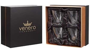 Venero Crystal Whiskey Glasses - Set of 4 - Tumblers for Drinking Scotch, Bourbon, Cognac, Irish Whisky - Large 10 oz Premium Lead-Free Crystal Glass Tasting Cups - Luxury Gift Box for Men or Women