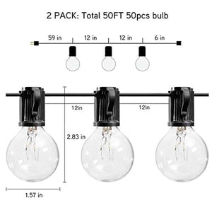 (2 Pack) 25Ft Outdoor Patio String Lights with 25 Clear Globe G40 Bulbs and 1 Spare Bulb, UL listed Hanging Indoor/Outdoor String Lights, Perfect for Backyard Porch Garden Market（52 Bulbs 50FT）