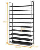 Halter 10 Tier Stackable Shoe Rack Storage Shelves - Stainless Steel Frame Holds 50 Pairs of Shoes - 39.125" X 11.125" X 69.5" - Black