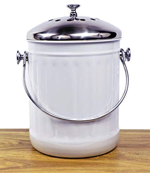 Indoor Kitchen Stainless Steel Compost Bin – White – 1.2 Gallon Container with Double Charcoal Filter for Odor Absorbing - Perfect Caddy for Any Counter Top - Non Stick Bucket for Easy Tossing