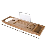 HiCollie Craft Natural Bamboo Bathtub Caddy /Bath Tub Tray Organizer with Adjustable Sides Expand to 43" Stainless Steel Book Holder Acrylic Dam-board Phone Slots Glass Holder
