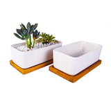 6.5 Inch Ceramic Rectangle Succulent Planter with Bamboo Saucer, Set of 2, White Modern Indoor Cactus/Flower Plant Pot with Drainage, Decoration for Desks/Bookshelves / Window Sills (A)