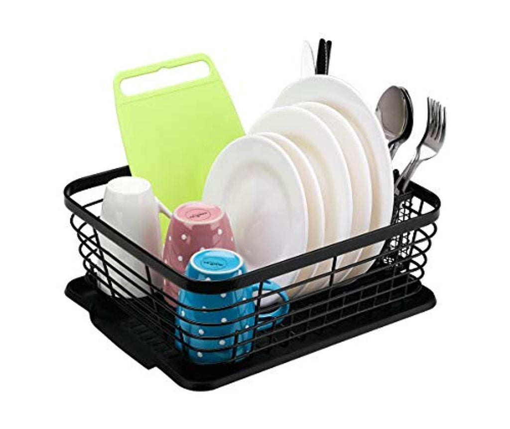 Denozer Kitchen Sink Dish Drainer Rack with Drainboard and Utensils Basket, Black