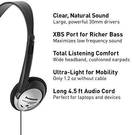 Panasonic Headphones RP-HT161-K Full-Sized Over-the-Ear Lightweight Long-Corded (Black)