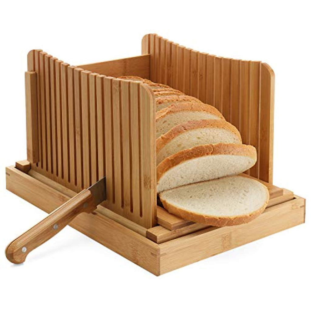 Bread Slicer With Knife for Homemade Bread, 100% Natural Bamboo Foldable Bread Loaf Slicing Machine, Strongest-Heaviest Duty, Convenient Crumb Catcher, 3 Slicing Sizes, Perfect Gift Idea - by Hartons