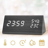 Digital Alarm Clock for Bedroom, 3 Alarm Settings Clock with Wooden LED Displays Time Brightness Adjustable, Dual Power Supply, Temperature and Humidity Detect, Ideal Gift for Friends