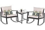 OAKVILLE FURNITURE Patio 3-Piece Rattan Rocking Bistro Set, Outdoor Furniture Sets with Rust-Proof Steel Frame, Black Wicker, Beige Cushion