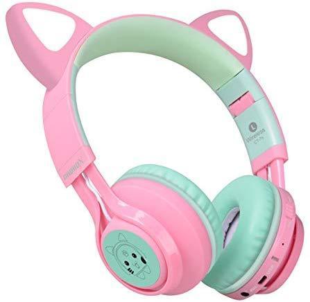 Bluetooth Headphones, Riwbox CT-7 Cat Ear LED Light Up Wireless Foldable Headphones Over Ear with Microphone and Volume Control for iPhone/iPad/Smartphones/Laptop/PC/TV (White&Pink)