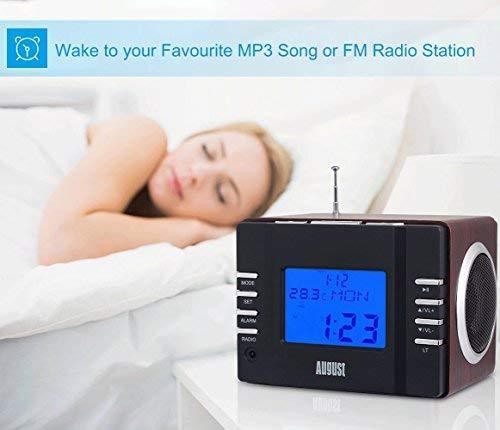 August MB300 Mini Wooden MP3 Stereo System and FM Clock Radio, with Card Reader, USB Port & AUX Jack (3.5mm Audio In), 2 x 3W Powerful Hi-Fi Speakers and Built-in Rechargeable Battery