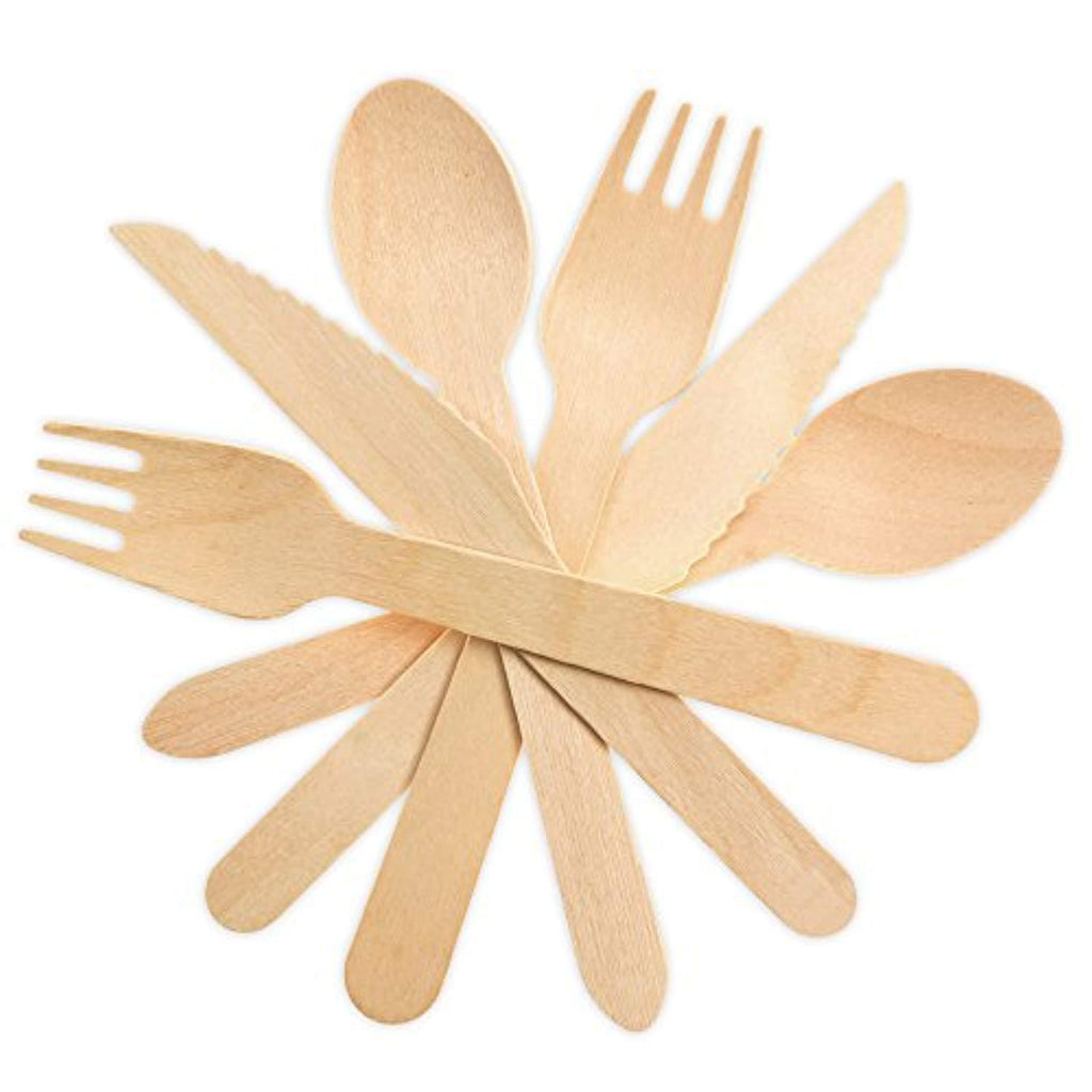 Wooden Disposable Utensils Set 100 Forks 50 Spoons 50 Knives Wood Cutlery Eco Friendly Compostable Biodegradable Silverware Party Flatware Kitchen Serving Eating...