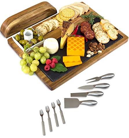 Home Perspective Slate Cheese Board Set, 10 Piece Set Includes 4 Stainless Steel Cheese Tools, Premium Acacia Serving Tray with Slate Board, and Porcelain Olive Dish