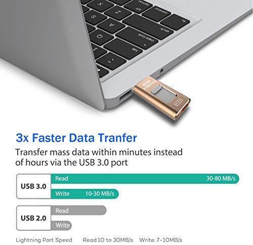 USB Flash Drive 128GB for iPhone Photo Stick backup iPhone Memory Stick External Storage Thumb Drive for iPhone 11 Pro X XR XS MAX 6 7 8 Plus iPad Pro PC Android Password Touch ID Protected Flash Gold
