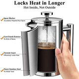 BAYKA French Press Coffee Maker, Stainless Steel 34oz Double-Wall Metal Insulated Coffee Tea Makers with 4 Level Filtration System, Rust-Free, Dishwasher Safe