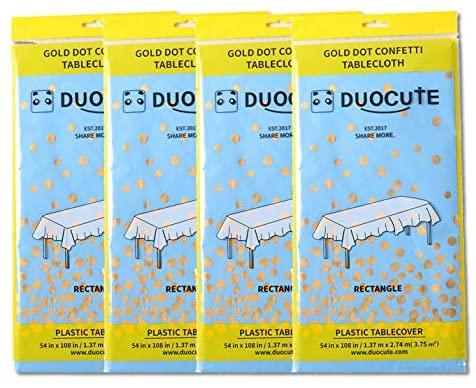 Duocute White Disposable Party Tablecloth for Rectangle Table, Gold Stamping Dot Confetti Rectangular Plastic Table Cover, for Bridal Shower, Engagement, Wedding, 54" x 108", Pack of 4