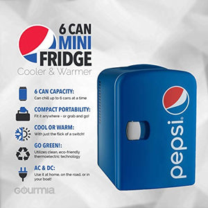 Gourmia GMF660 Pepsi Thermoelectric Mini Fridge Cooler and Warmer - 4 Liter/ 6 Can - For Home,Office, Car, Dorm or Boat - Compact & Portable - AC & DC Power Cords - Blue