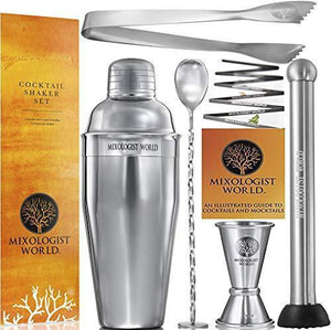 Premium Cocktail Shaker Bartender Kit -24 Ounces Bar Set Built-in Strainer With Muddler, Mixing Spoon, Measuring Jigger and Ice Tong Plus Cocktail Recipes - Bar Tools for Martini (Grey) by Mixologist World