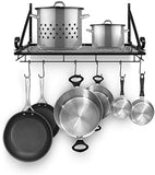 Sorbus Pots and Pan Rack — Decorative Wall Mounted Storage Hanging Rack — Multipurpose Wrought-Iron shelf Organizer for Kitchen Cookware, Utensils, Pans, Books, Bathroom (Wall Rack - Black)