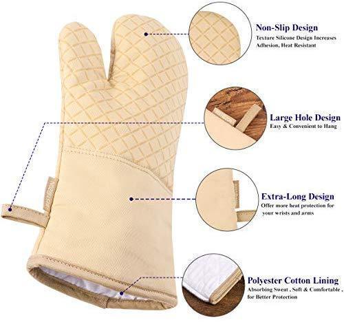 KeShi Kitchen Oven Mitts Set, Oven Mitts and Pot Holders, Heat Resistant with Quilted Cotton Lining, Non-Slip Surface 4 Pieces for Cooking, Baking, Grilling, Barbecue (Gray)