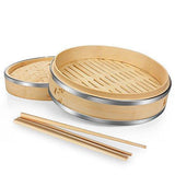 Flexzion Bamboo Steamer Basket Set (10 inch) with Stainless Steel Banding 50x Steamer Liners and 2 Pairs of Chopsticks, Chinese Steamer for Cooking Food