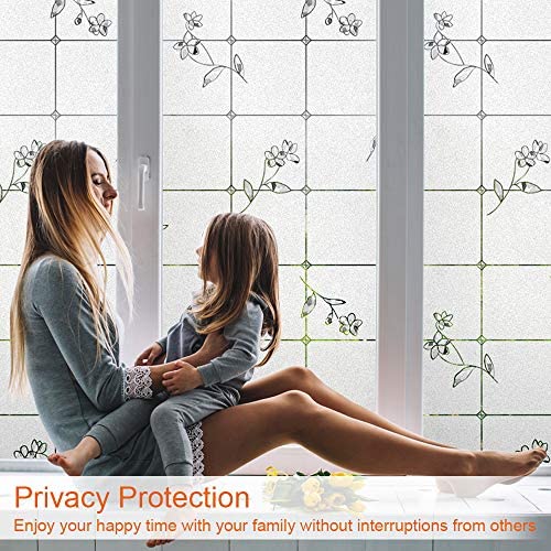 ACMETOP Window Film, Non-Adhesive Window Privacy Film, Heat Control Anti UV Window Stickers, Flower Pattern Static Cling Window Film for Kitchen, Office, Living Room, 17.5 Inch by 78.7 Inch (Frosted)