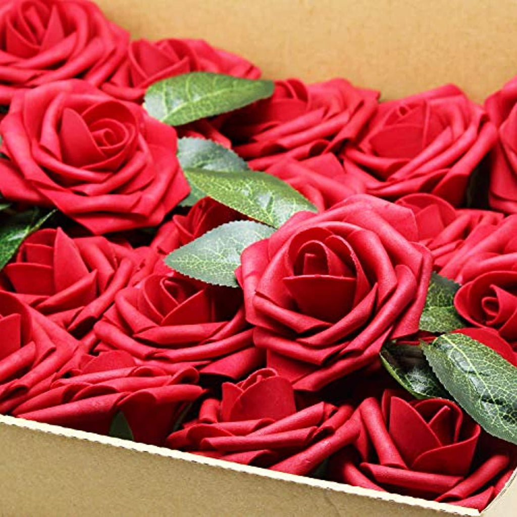 YOUR GIFT Your Deco Flowers Bridal DIY Bouquet Real Touch Artificial Roses 25 Pcs Hotel/Wedding Floral/Garden Craft Baby Shower Home Decor (red)
