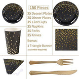 Duocute White and Gold Party Supplies 150Pcs Golden Dot Disposable Party Dinnerware Includes Paper Plates, Napkins, Knives, Forks, 12oz Cups, Banner, for Bridal Shower, Engagement, Wedding, Serves 25