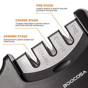 BOOCOSA Kitchen Knife Sharpener – The best 3-Stage Diamond Knife Sharpener Sharpening System Suit for Any Type of Knife, and Ergonomically Designed is Chef’s Choice Knife Sharpener … (Black)