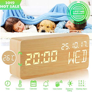 Luckymore Alarm Clock,Wood Alarm Clock Digital Clock LED Small Desk Clock Voice Command Beside Wooden Clock Modern Decoration Mini Alarm Clocks 3 Alarms 3 Level Brightness Show Time Date Week