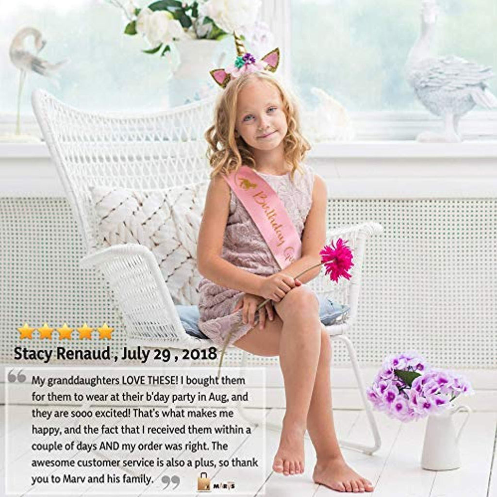 Unicorn Birthday Girl Set of Gold Glitter Unicorn Headband and Pink Satin Sash for Girls with eBook included,Happy Birthday Unicorn Party Supplies, Favors and Decorations - 2019 New. by Marvs Store