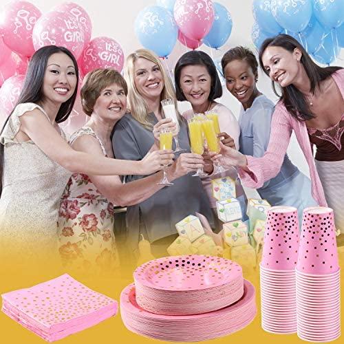 Duocute Pink and Gold Party Supplies 200Pcs Disposable Pink Paper Plates 12oz Cups Napkins Dinnerware Set Golden Dot Theme Party Wedding Bachelorette Girl Birthday Baby Shower, Serves 50