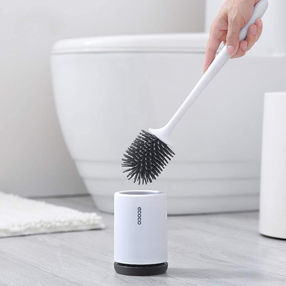 COSTOM Silicone Toilet Brush and Holder Upgraded Modern Design with Soft Bristle, Bathroom Toilet Bowl Brush Set,Toilet Cleaning Brush Kit, Constructed of Durable Thermo Plastic Rubber (Floor)