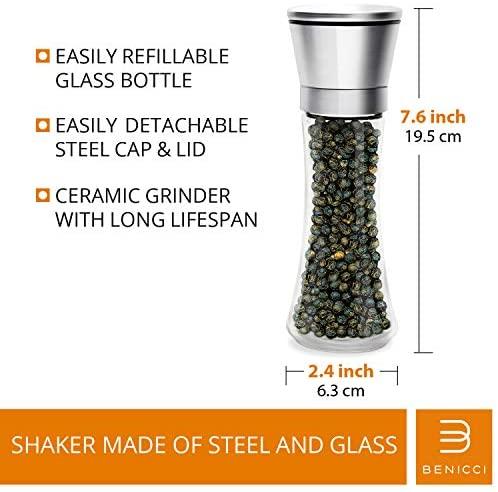 Benicci Salt & Pepper Grinder Set – 2 Tall 6 Oz Glass - 180 ml Spice and Sea Salt Shakers With BONUS Stand - Adjustable Coarseness Mills