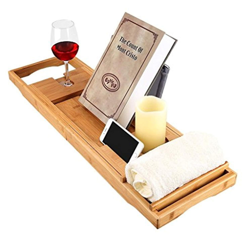 LANGRIA Bamboo Bathtub Caddy Tray with Extending Sides Mug/Wineglass/Smartphone Holder, Metal Frame Book/Pad/Tablet Holder with Waterproof Cloth Detachable Sliding Tray Non-Slip Rubber Base