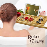 Tregini Luxury Bathtub Caddy - Extendable Bamboo Wood Bath Tray with Adjustable Book, iPad or Kindle Reading Rack - Wine Glass Holder - Cellphone or Tablet Slot