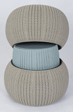 Keter Urban Knit Pouf Ottoman Set of 2 with Storage Table for Patio and Room Décor - Perfect for Balcony, Deck, and Outdoor Seating, Dune/Misty Blue