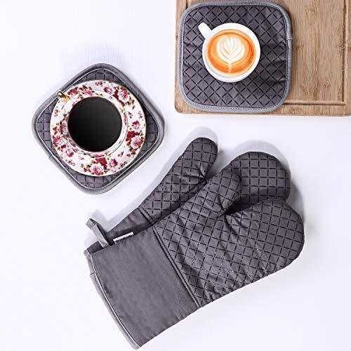 KeShi Kitchen Oven Mitts Set, Oven Mitts and Pot Holders, Heat Resistant with Quilted Cotton Lining, Non-Slip Surface 4 Pieces for Cooking, Baking, Grilling, Barbecue (Gray)
