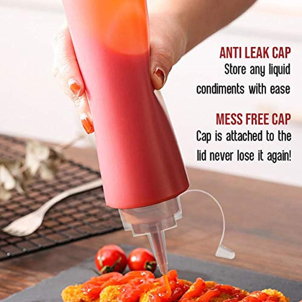 On Condiment Bottle, Set of 6 Plastic Squeeze Condiment Bottles for Mustard Dressing Ketchup BBQ Sauce Mayonnaise Syrup Honey Arts Crafts, 16 oz Condiments Squirt Bottle Leakproof Twist On Cap Lids