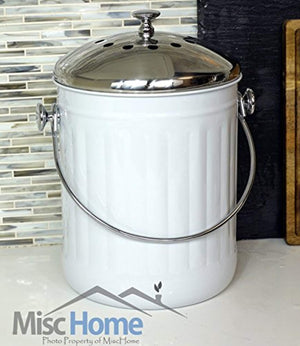 Indoor Kitchen Stainless Steel Compost Bin – White – 1.2 Gallon Container with Double Charcoal Filter for Odor Absorbing - Perfect Caddy for Any Counter Top - Non Stick Bucket for Easy Tossing