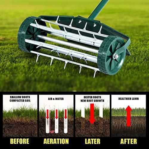 Rolling Lawn Aerator 18-inch Garden Yard Rotary Push Tine Heavy Duty Spike Soil Aeration, 50-in Handle (Silver)