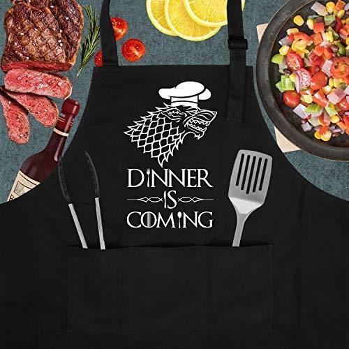 Dinner is Coming - Funny GoT House Stark Inspired Birthday Merchandise Gifts for Men, Women, Dad, Mom - Miracu Adjustable Kitchen Aprons Chef Bib for Cooking Baking Grilling BBQ - 3 Pockets, Black by Miracu