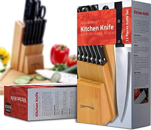 Knife Set with Wooden Block 13 Piece - Chef Knife, Bread Knife, Carving Knife, Utility Knife, Paring Knife, Steak Knife, and Scissors