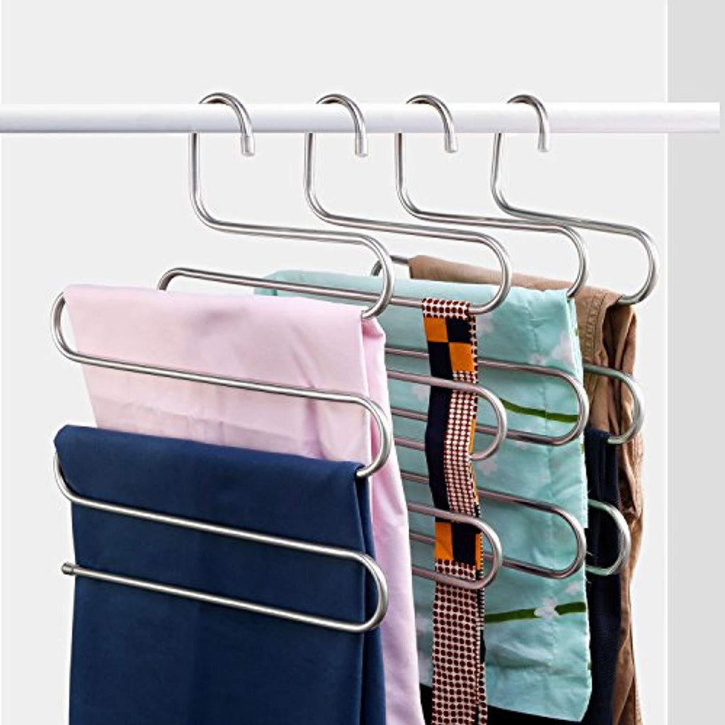 Elover Pants Hangers [4 Pack] S-Type Stainless Steel Multi Layers Jeans Hangers, Multi-Purpose Closet Storage Organizer for Pants Jeans Tie Scarf Towel Clothes, Space Saving Storage Rack