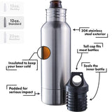 Stainless Steel Bottle - Best for Keeping Beverages Cold - Fits 12oz Bottles - Comes With Bottle Opener And Neoprene Carrying Case - Stainless Steel Bottle Insulator - Perfect Gift