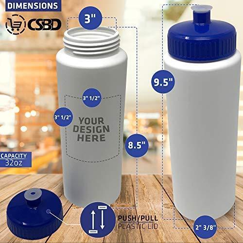 CSBD 32oz Sports Water Bottles, 4 Pack, Reusable No BPA Plastic, Pull Top Leakproof Drink Spout, Blank DIY Customization for Business Branding, Fundraises, or Fitness