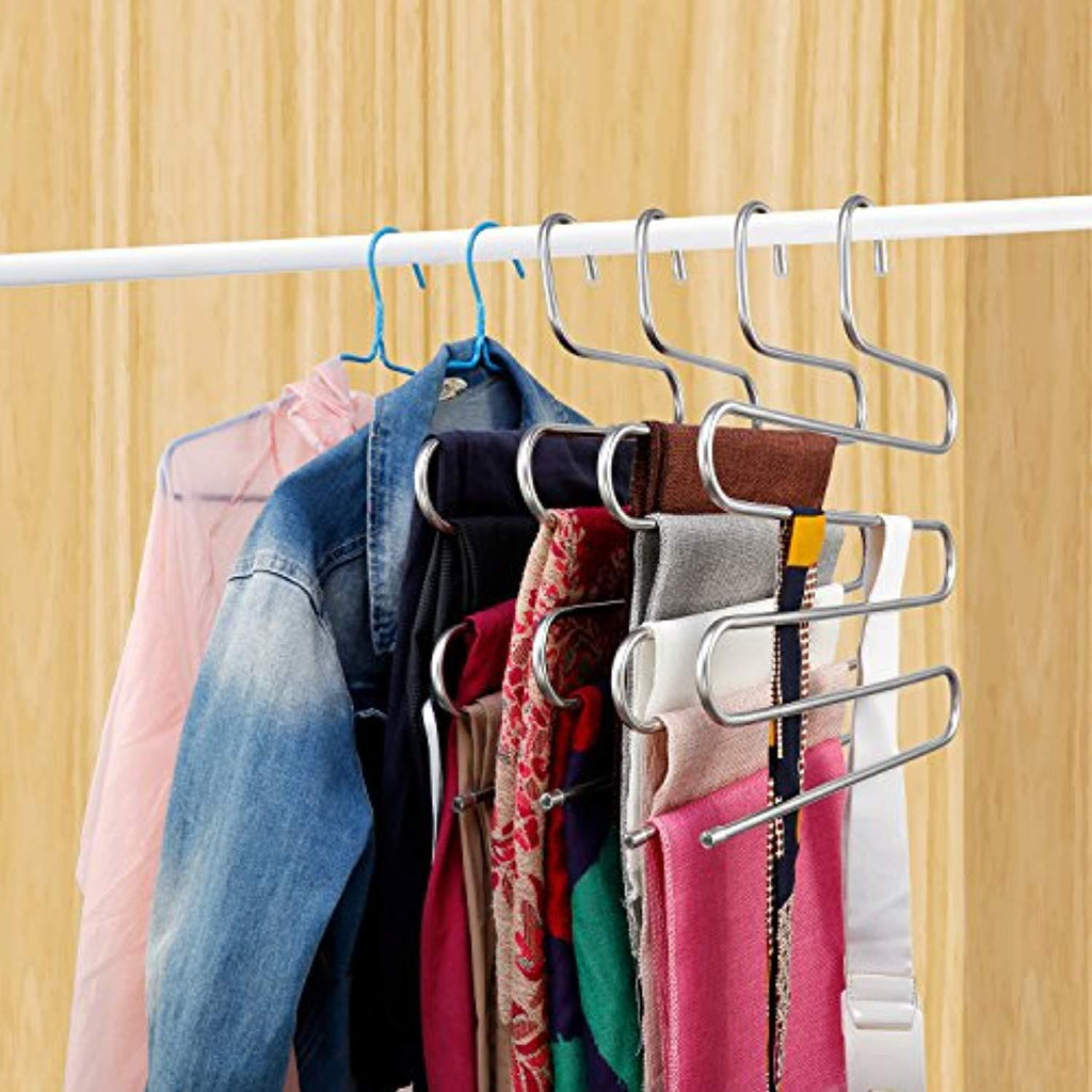 Elover Pants Hangers [4 Pack] S-Type Stainless Steel Multi Layers Jeans Hangers, Multi-Purpose Closet Storage Organizer for Pants Jeans Tie Scarf Towel Clothes, Space Saving Storage Rack