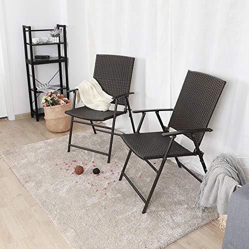 PHI VILLA Patio Rattan Folding Chair Indoor Outdoor Wicker Chair, 2 Pack