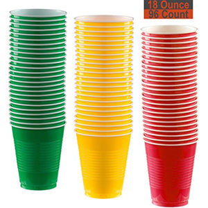 18 oz Party Cups, 96 Count - Festive Green, Sunshine Yellow, Red - 32 Each Color
