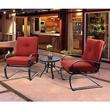 PHI VILLA Outdoor Springs Motion Chairs and Round Table Bistro Furniture Set with Red Cushioned Seats