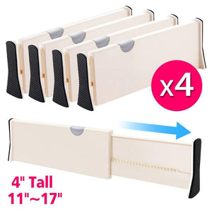 JONYJ Drawer Dividers/Organizer 4 Pack, Adjustable Separators 4" High Expandable from 11-17" for Bedroom, Bathroom, Closet, Office, Kitchen Storage, Strong Secure Hold, Foam Ends, Locks in Place